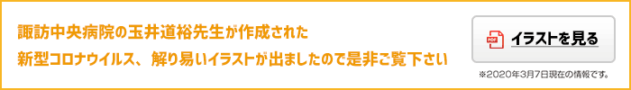 諏訪中央病院の玉井道裕先生が作成された新型コロナウイルス、解り易いイラストが出ましたので是非ご覧下さい※2020年3月7日現在の情報です。イラストを見る